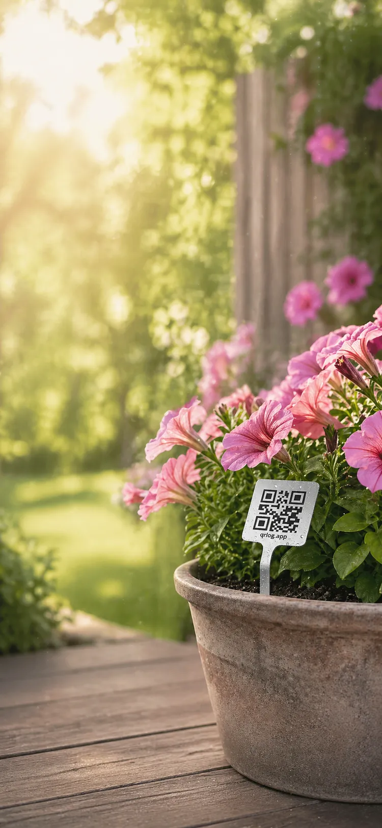 Hydrangea planter with a stainless steel QR plant label in a sunlit garden