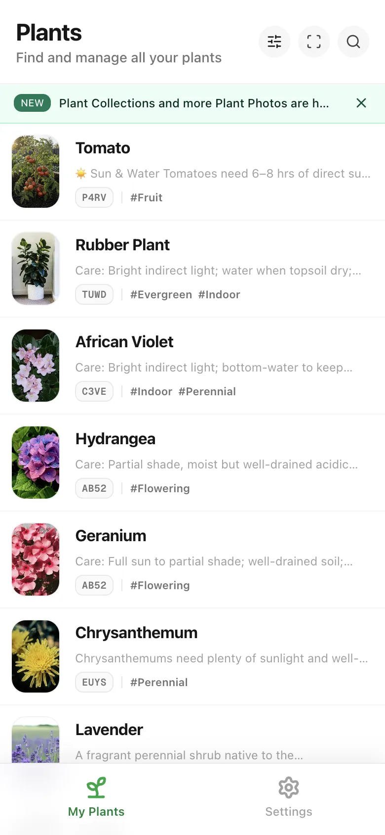 Plant dashboard showing searchable plant records