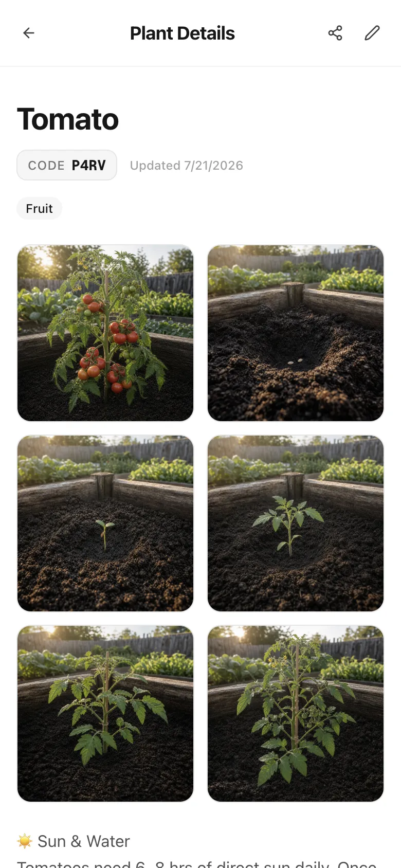 Plant details page with information and care history