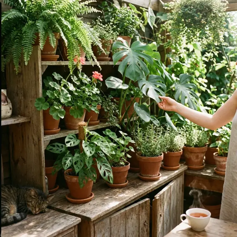 A gardener tending a dense collection of potted plants