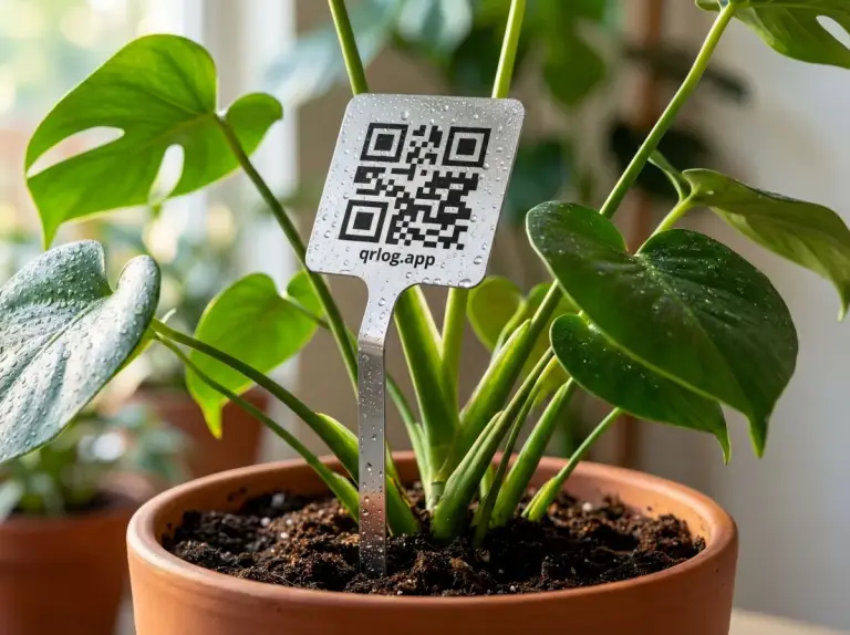 QR plant label set into a leafy planter