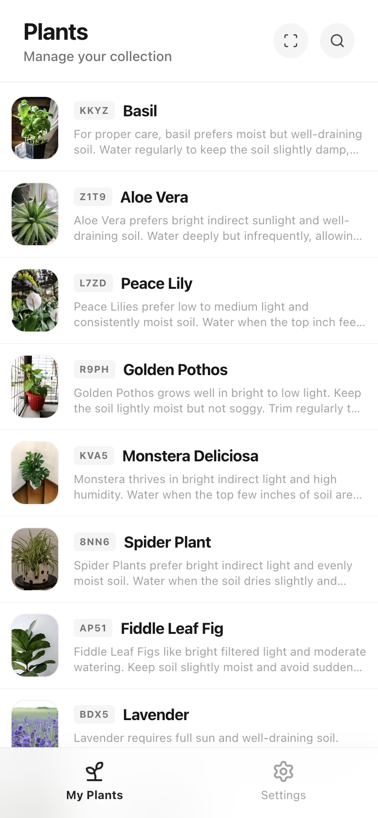 Mobile app dashboard showing plant collection grid view with QR codes
