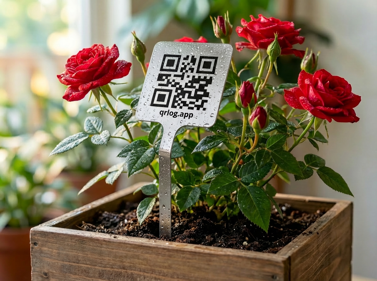 Stainless steel QR plant label attached to a potted plant in garden setting